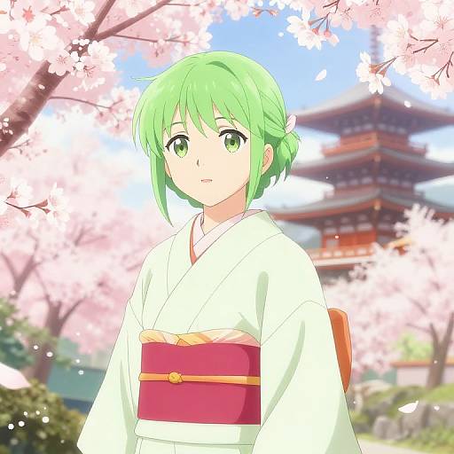 Anime Girl in Kimono with Cherry Blossoms