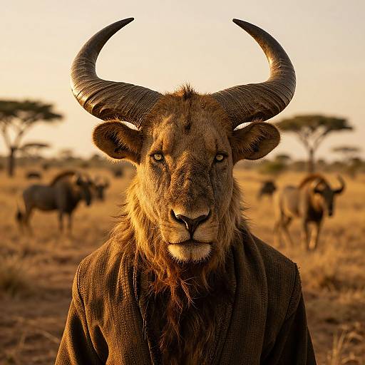 Photograph of a majestic male impala with large, curved horns standing in a sunlit savanna, surrounded by blurred wildebeests and ac
