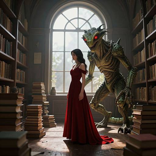 Digital art: Dark library with arched window. Woman in red dress faces monstrous, green-scaled creature with glowing red eyes. Stacks of books