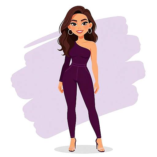 Digital illustration of a smiling woman with long brown hair, wearing a black one-shoulder jumpsuit and high heels, standing against a light purple background