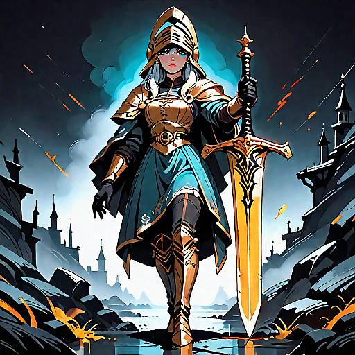 Medieval Female Dark Knight with Giant Golden Sword