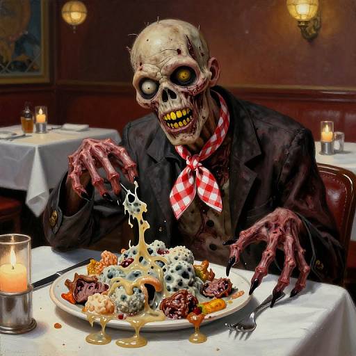 Photorealistic digital art of a grinning, skeletal zombie in a black suit with a red checkered bowtie, eating a dessert plate with glowing