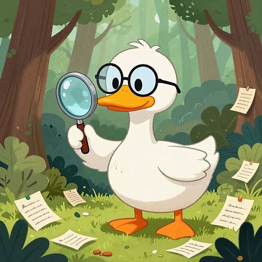 Cartoon white duck with glasses holds magnifying glass, standing in lush forest, with scattered notes on the ground. Bright, playful style.
