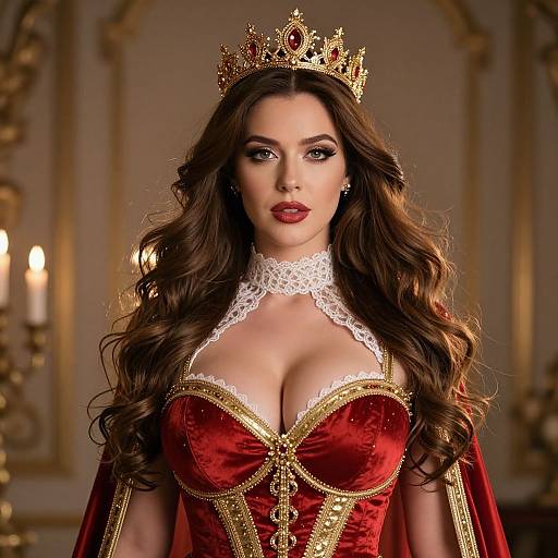 Photograph of a fair-skinned woman with long brown hair, wearing a gold crown, red velvet corset with lace trim, and red cape,