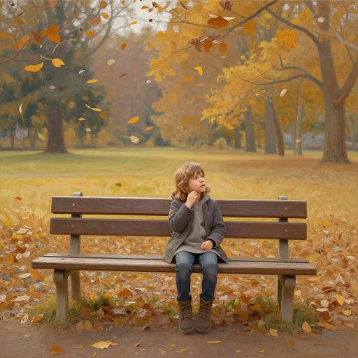 Photograph of a curly-haired child in a gray jacket and blue jeans, sitting on a wooden bench in an autumn park, blowing on hands, surrounded