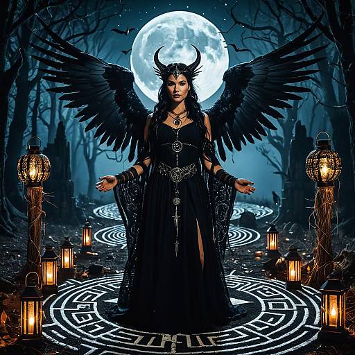 Hecate Goddess of Magic with Raven Wings in Moonlit Labyrinth