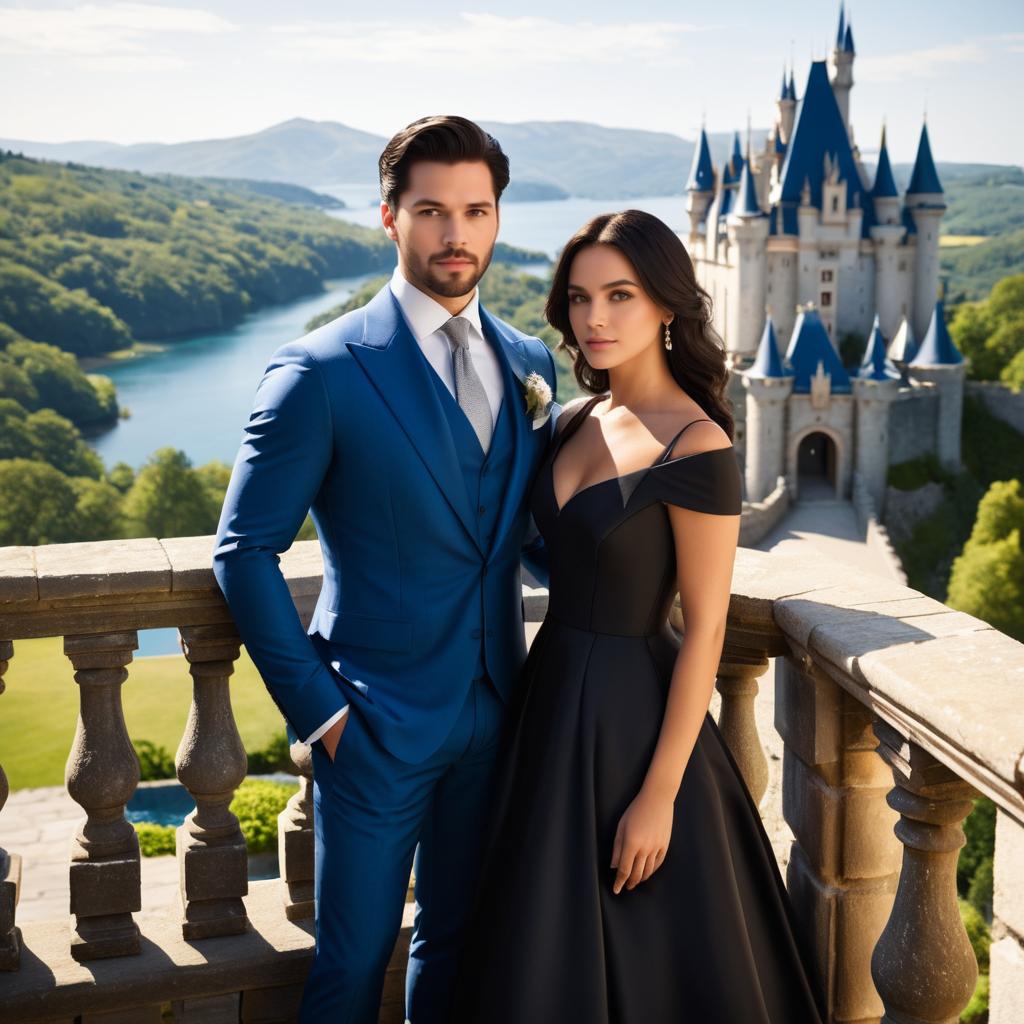 Elegant Couple on Castle Balcony in Daylight