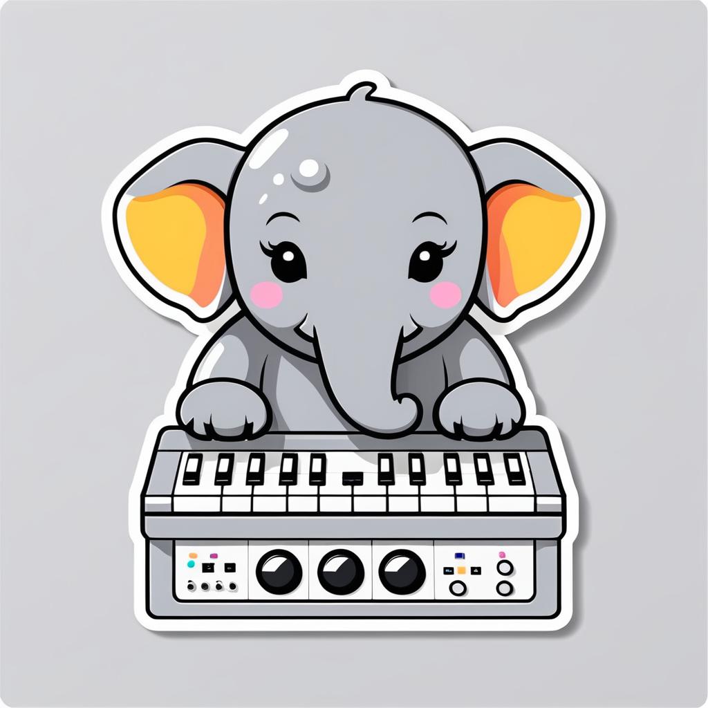 Kawaii Elephant Playing Synth Sticker Design