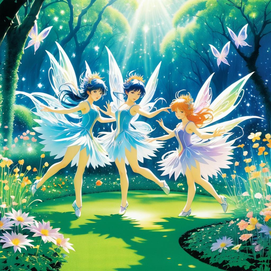 Enchanting Anime Fairies in Garden Dance