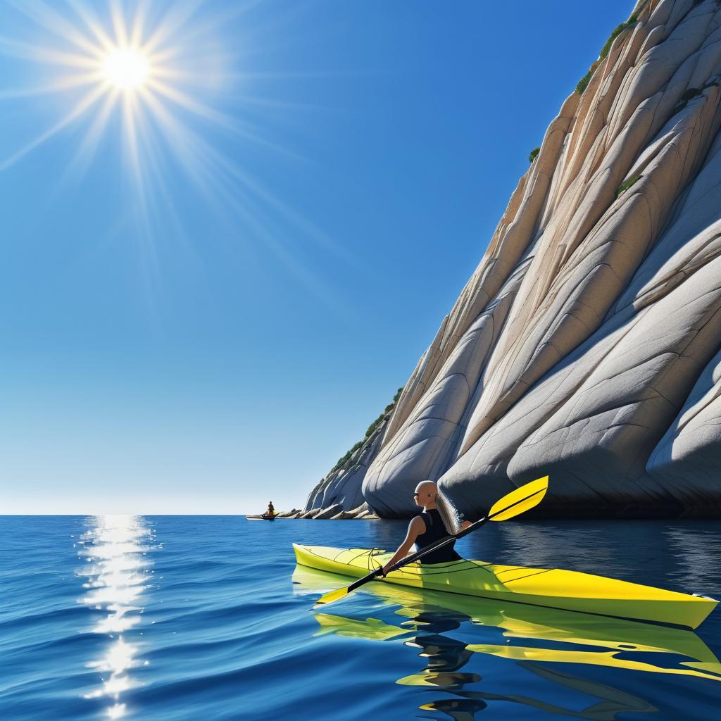 Hyperrealistic Kayaker Amidst Rocky Coastline