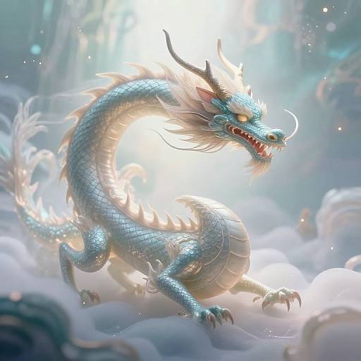 Digital artwork of a vibrant blue, glowing dragon with intricate scales and fierce expression, standing amidst ethereal, misty clouds.