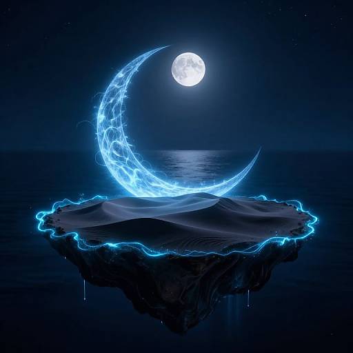 Digital art of a glowing blue crescent moon on a dark, floating island under a bright full moon in a starry night sky.