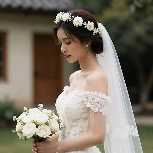Rustic Bridal Attire with Floral Veil