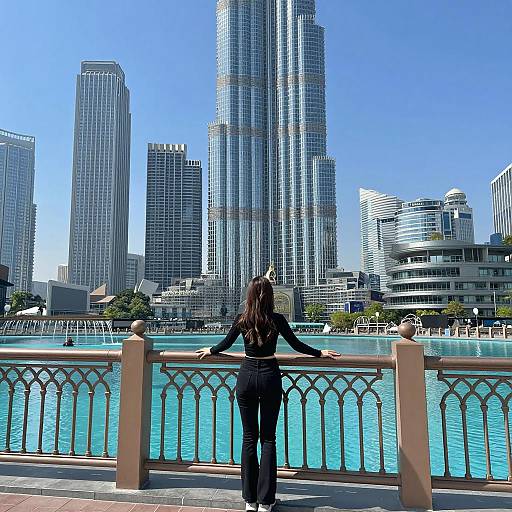 Modern Woman Overlooking Urban Fountain