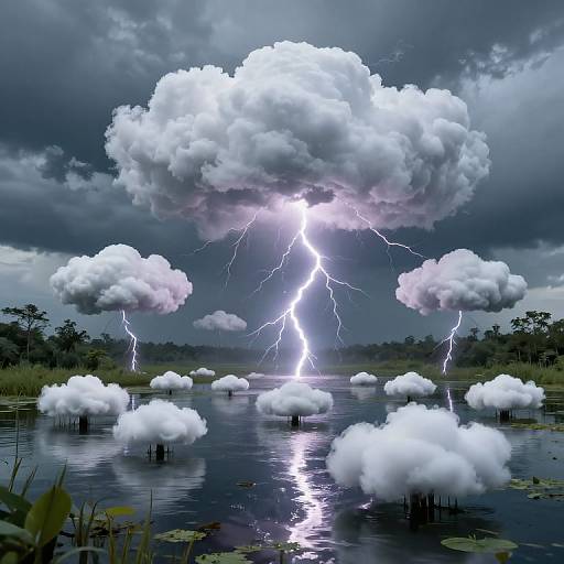 Photorealistic digital art: Dramatic sky with large, white cumulus clouds illuminated by bright lightning bolts over a reflective, lily-pad-covered lake