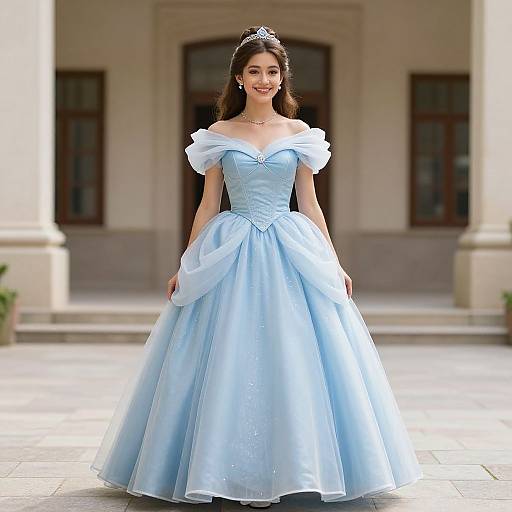 Photograph of a smiling young woman with long brown hair, wearing a light blue, off-shoulder, ballgown-style princess dress and ti
