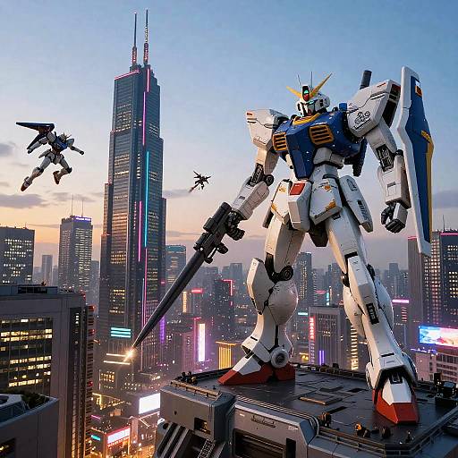 Futuristic Mecha Battle Over City