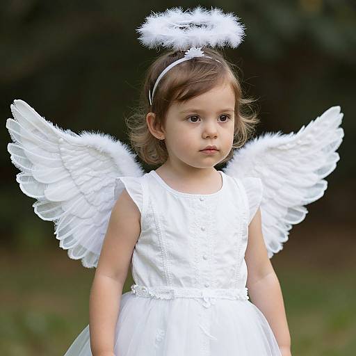 Photograph of a young girl with light brown hair wearing a white angel costume, featuring fluffy wings, halo headpiece, and dress, standing outdoors with