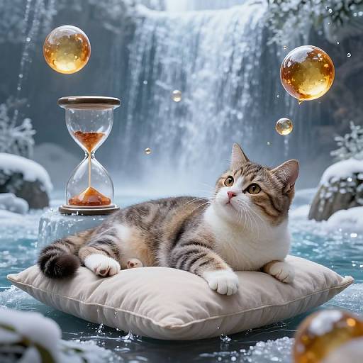 Photorealistic image of a tabby cat with white paws lounging on a white pillow, surrounded by floating golden bubbles and an hourglass,
