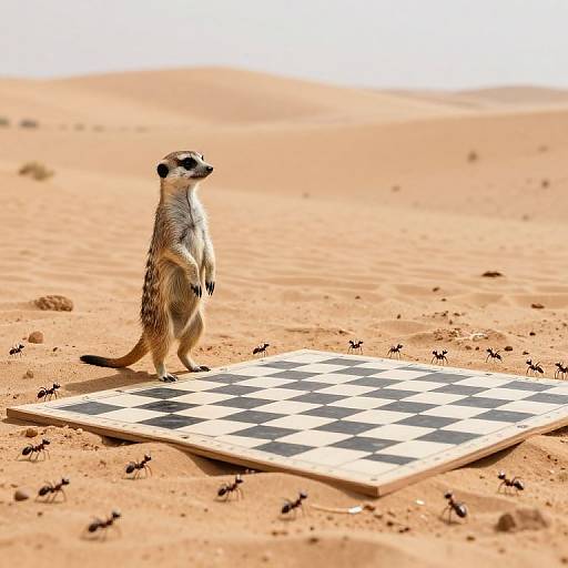 Photograph of a meerkat standing on a black-and-white checkerboard chessboard in a sandy desert, with small ants scattered around.