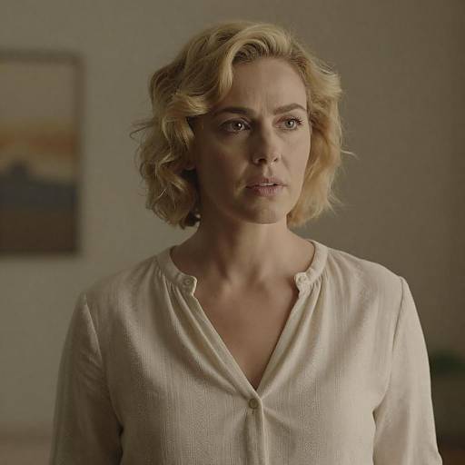 Serious Blonde Woman in Cream Blouse