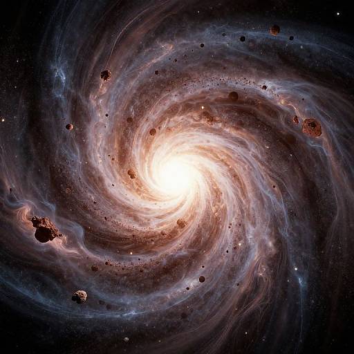 Photograph of a vibrant, swirling galaxy with a bright central core, surrounded by swirling clouds of gas and dust, dotted with red and brown asteroids in