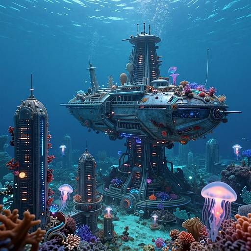 Photograph of a vibrant, underwater futuristic cityscape with glowing jellyfish, colorful coral, and towering, illuminated sci-fi buildings in deep blue light.