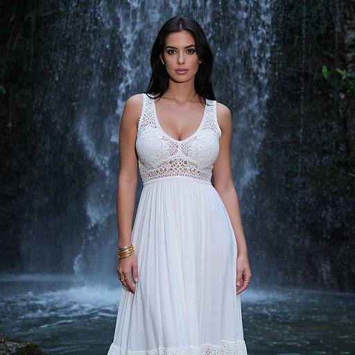 Photograph of a brunette woman with wet hair, wearing a white lace-trimmed dress and gold bracelets, standing in front of a cascading waterfall