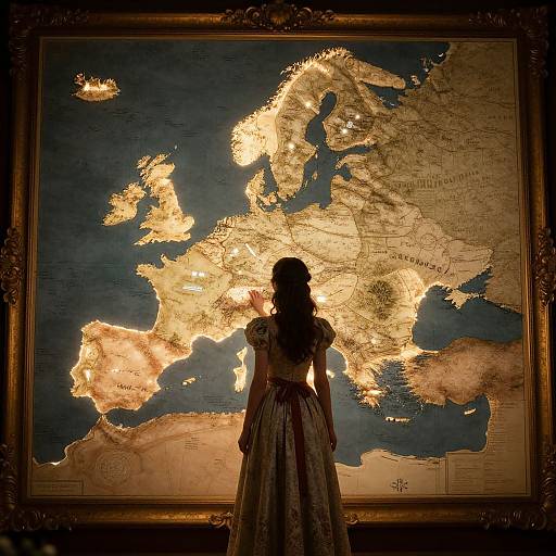 Silhouetted woman in vintage dress gazes at illuminated, golden map of Europe, framed in ornate gold frame, museum setting.