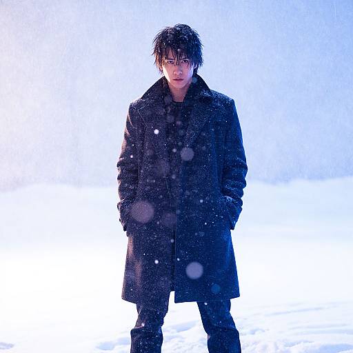 Photograph of a young man with disheveled black hair, wearing a long dark coat, standing in a snowy, brightly lit blue background with falling