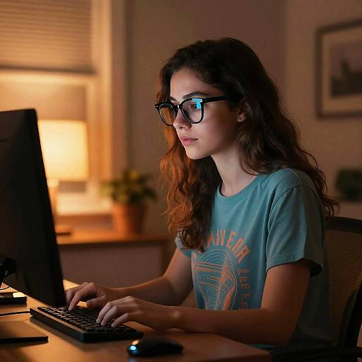 Young Woman Working Late on Computer