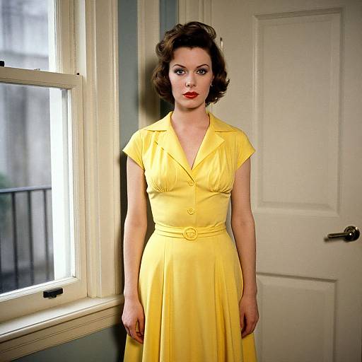 Photograph of a fair-skinned woman with vintage-style, short brown hair wearing a bright yellow, V-neck, short-sleeve dress, standing