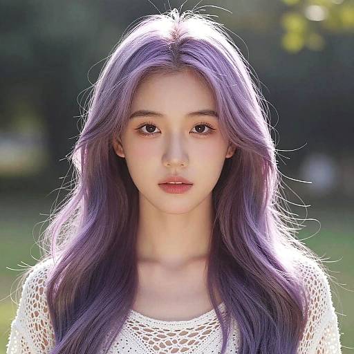 Photograph of a young woman with long, wavy purple hair, fair skin, and soft pink lips, wearing a white lace top, standing in