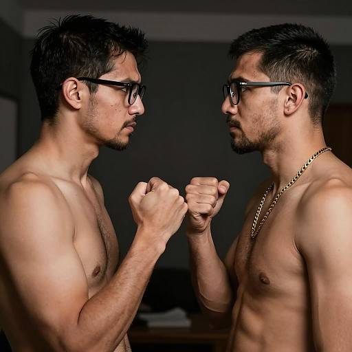 Two Shirtless Men Facing Off