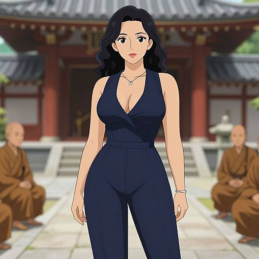 Anime-style drawing of a brunette woman in a deep navy, sleeveless jumpsuit with a plunging neckline, standing in front of a traditional Asian temple