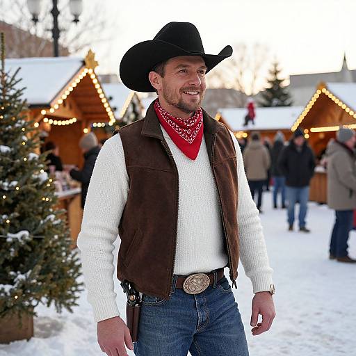 Photograph of a smiling Caucasian man in a black cowboy hat, white sweater, red bandana, brown vest, and blue jeans, standing in a