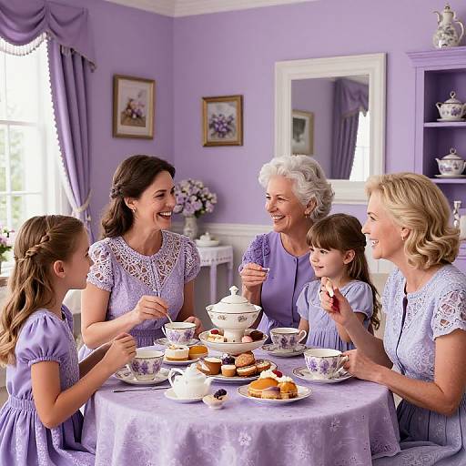 Photograph of five women in lavender lace dresses, laughing around a tea table with a white teapot and pastries, in a lilac-themed room