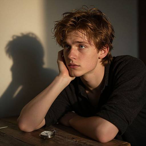 Photograph of a young man with tousled brown hair, wearing a black shirt, leaning on his hand, shadowed by sunlight.