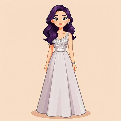 Digital illustration of a smiling woman with long purple hair, wearing a white, sleeveless, V-neck gown with a sparkly bodice, standing against