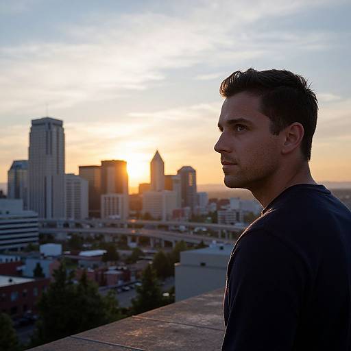 Photograph of a man with short brown hair, wearing a dark shirt, standing in profile on a rooftop at sunset, with a city skyline and sun