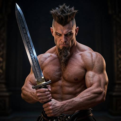 Muscular, topless man with spiked hair and beard, holding an ornate sword, intense expression, dark background, CGI image.