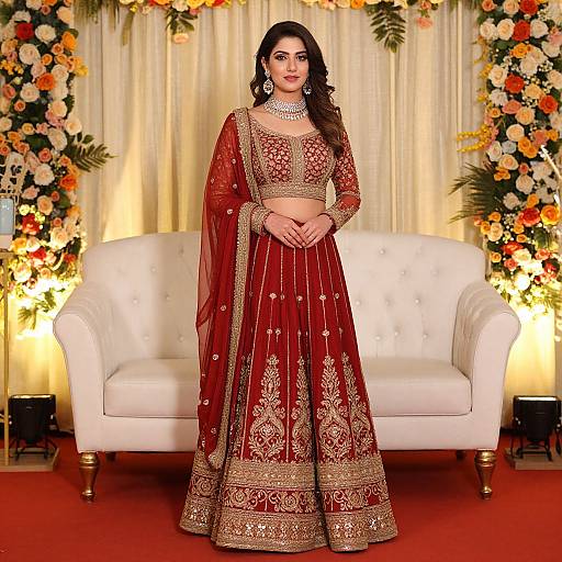 Indian woman in a red and gold embroidered traditional lehenga stands in front of a white couch, surrounded by floral arrangements. Photograph.