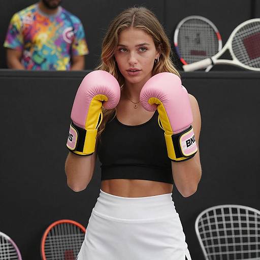 Confident Woman in Pink Boxing Gloves