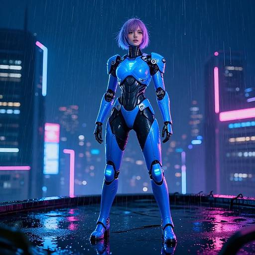 CGI cyberpunk scene: Purple-haired woman in blue and black futuristic armor stands confidently on a rainy rooftop, neon cityscape background.