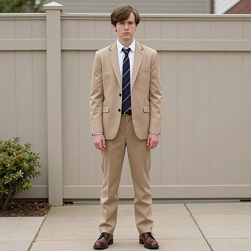 Young man in tan suit standing outdoors