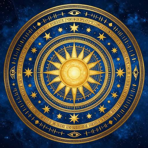 Digital artwork of a radiant, golden sun at center, surrounded by intricate, gold Zodiac symbols and stars on a deep blue cosmic background.
