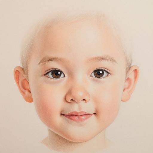 Photograph of a smiling, bald Asian baby with fair skin, large brown eyes, and pink lips, centered against a pure white background.