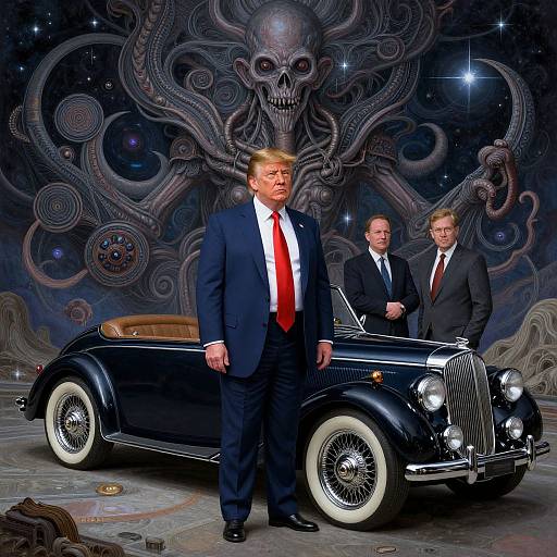 Photograph of three men in black suits and red ties standing in front of a vintage black car with a dark, surreal, tentacled skull and