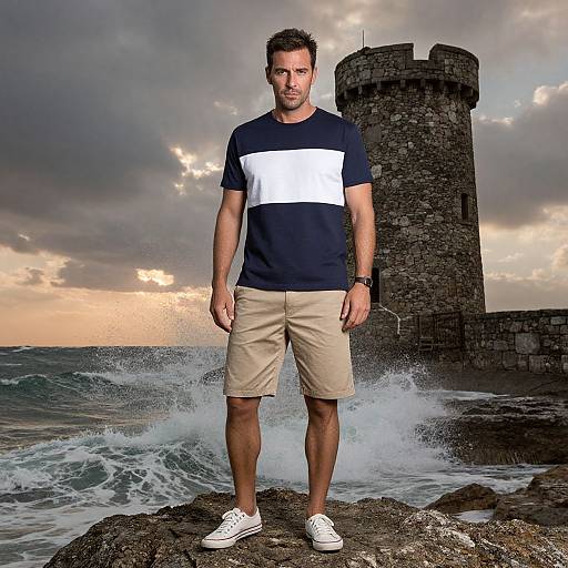 Photograph of a muscular man with short dark hair, wearing a navy and white T-shirt, beige shorts, and white sneakers, standing on rocky shore