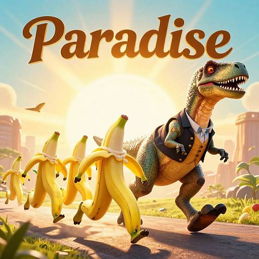 CGI cartoon of a dressed-up, roaring, green dinosaur chasing bananas with 
